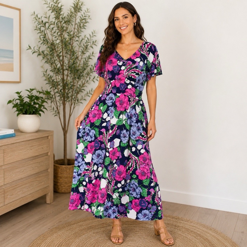 NWT PERCEPTIONS NEW YORK Floral Maxi Dress XL Navy Pink Stretch Boho Cottagecore